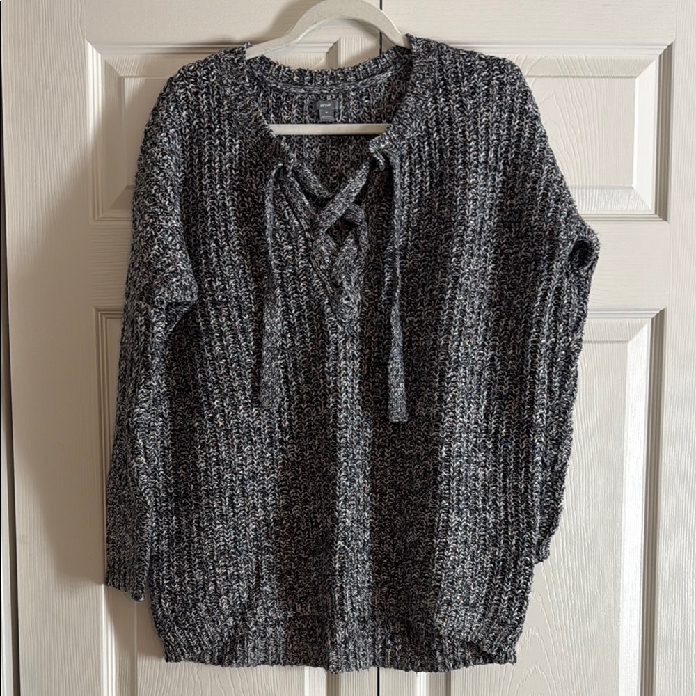 Aerie Gray V-Neck Sweater with Lace-Up Detail